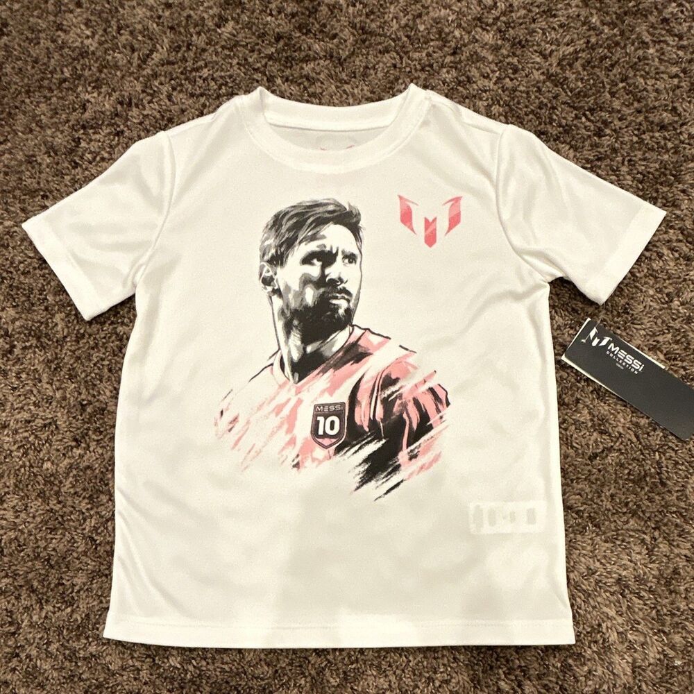 Messi Collection T-Shirt Boys Size 5 White Graphic Print Kids Messi Pink Logo